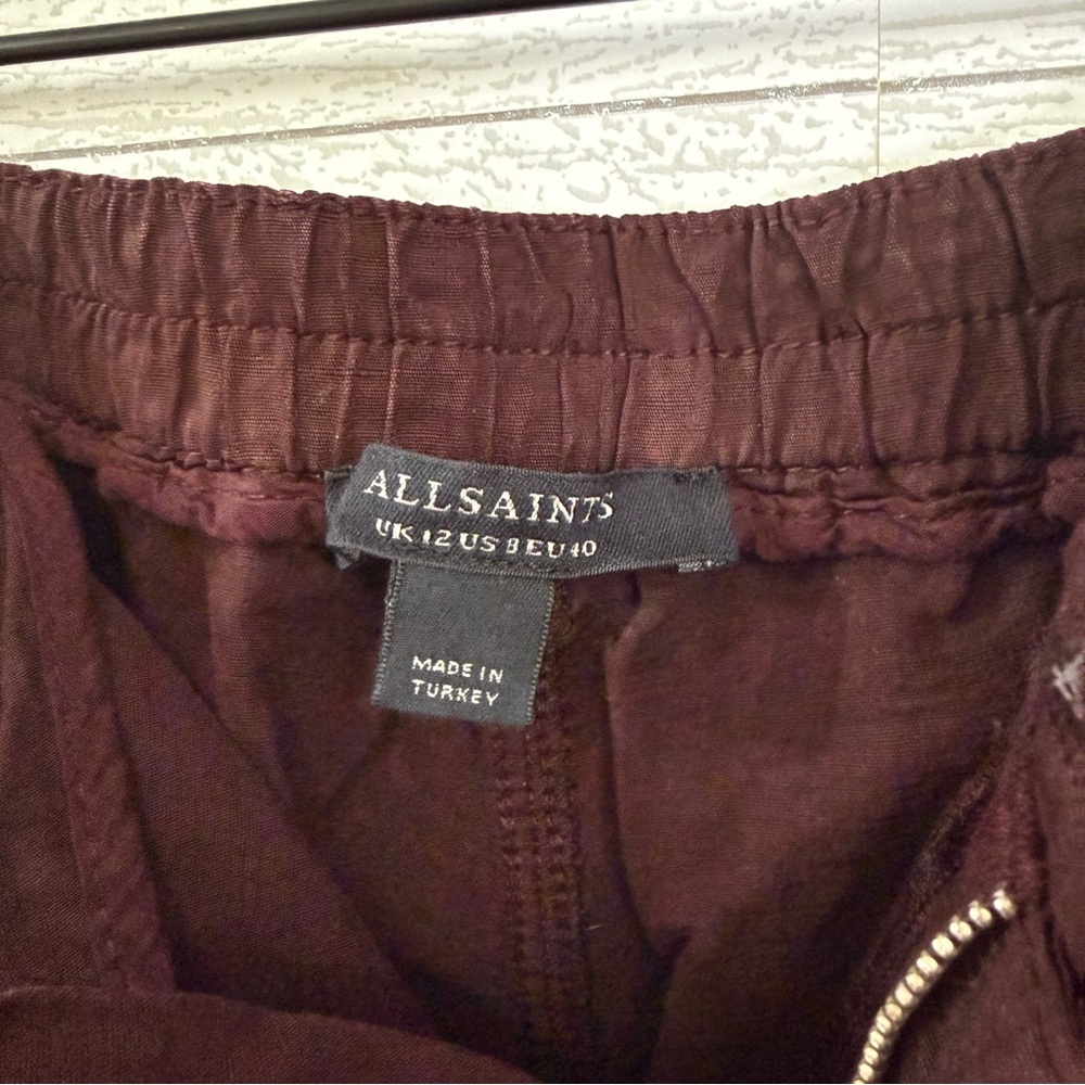 All Saints Burgundy Linen Lyocell Joggers Sz 8 Relaxed Soft Trousers Minimal - Picture 3 of 12